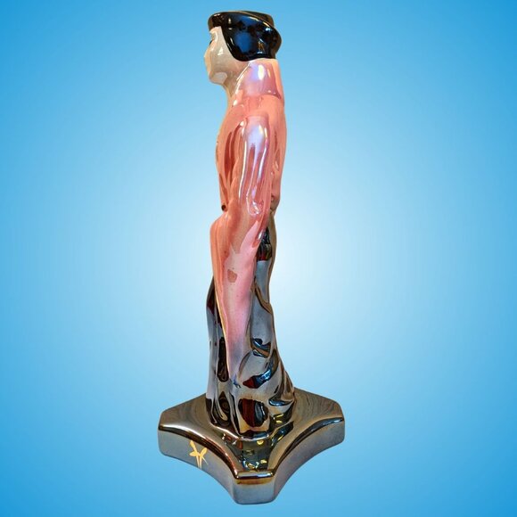 Tall mid-century Hollywood Regency lusterware Chinese pink black gold statuette - Picture 7 of 16